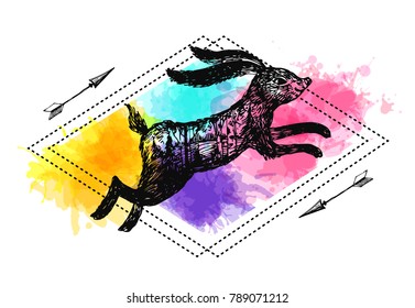 Hand drawn vector illustration rabbit with double exposure. Tattoo style graphic. 