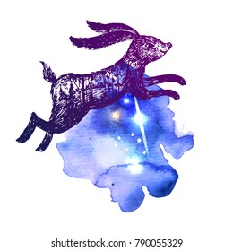Hand drawn vector illustration rabbit with double exposure. Tattoo style graphic. 