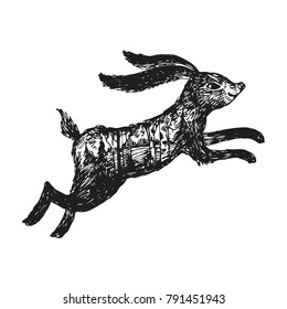 Hand drawn vector illustration rabbit with double exposure. Tattoo style graphic. 