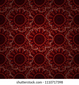 Hand drawn vector illustration in red, orange and brown colors. Abstract print with stylized random elements and flowers. Exotic seamless pattern in retro style.