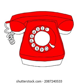 A Hand drawn vector illustration of red old retro phone isolated on a white background