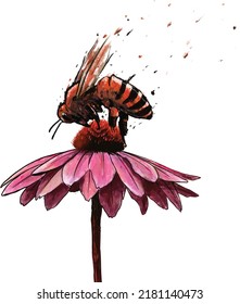 hand drawn vector illustration of a red bee perching on a flowerx`