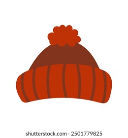 Hand drawn Vector Illustration of Red Knit Winter Hat with Pom-Pom isolated on White Background.