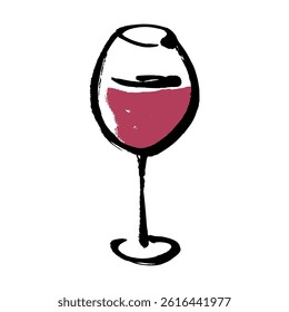 Hand drawn vector illustration of red wine in a wine glass with brush touch.
