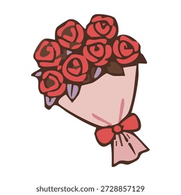 Ilustración vectorial dibujada a mano de un ramo de rosas rojas con envoltura rosa y un lazo. Elemento floral romántico para el día de San Valentín, boda o saludo