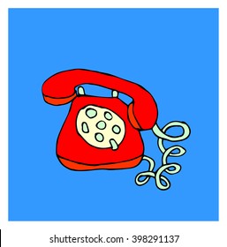 Hand drawn vector illustration "Red telephone". Cartoon style.