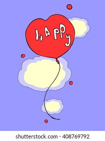 Hand drawn vector illustration of a red heart balloon against  a blue sky and white clouds. Cartoon style.