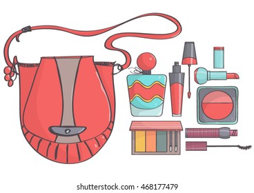 Hand drawn vector illustration with red bag and colorful makeup set. Trendy, cute bag and makeup products.