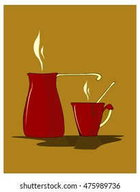 Hand drawn vector illustration of a red turka (coffee pot) and a cup of hot coffee.