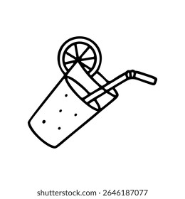 Hand drawn vector illustration of a refreshing glass with beverage. A straw and a lemon slice garnish the drink, ready for summertime enjoyment