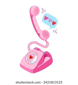 Hand drawn vector illustration of retro telephone and hearts. Romantic pink phone for valentine's day. 