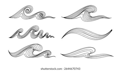 Hand drawn vector illustration of retro ocean waves and sea elements isolated