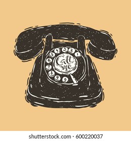 Hand drawn vector illustration of the retro telephone with hand lettering inscription Call me