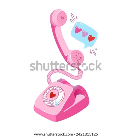 Hand drawn vector illustration of retro telephone and hearts. Romantic pink phone for valentine's day. 