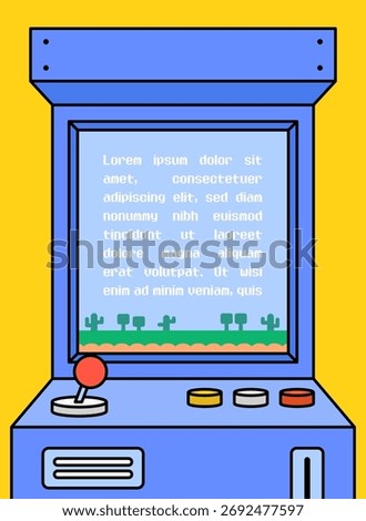 Hand drawn vector illustration of a retro arcade machine with a joystick and buttons screen shows pixel-style text and simple game scenery, perfect for gaming, nostalgia, or vintage video game