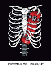 Hand drawn vector illustration of rib cage with skateboard inside. Stylized art for printing on t-shirts, posters, etc.