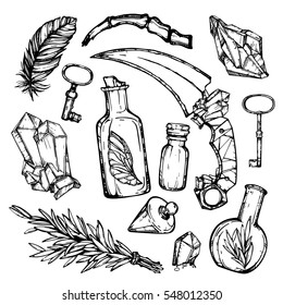 Hand drawn vector illustration of ritual magic things. Vintage set of mystic things.