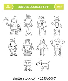 Hand drawn vector illustration of robots doodles elements. Ten robots drawn in different poses by hand. Isolated on white background