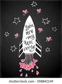 Hand drawn vector illustration with rocket and hearts on a black background