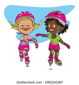 Hand drawn vector illustration. Roller Skating Girls. 
