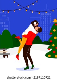 Hand drawn vector illustration of romantic couple in love. Winter evening, affectionate Christmas couple next to Xmas tree. Man and woman hugging outdoors, snowy background. Holiday greetings card.