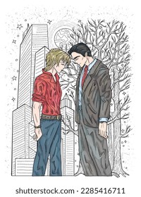 Hand drawn vector illustration with romantic young gay couple against urban background, men cartoon characters lovers. One gender love concept
