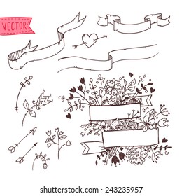 Hand drawn vector illustration. Romantic collection with ribbons, hearts, flowers, arrows and wreaths. 