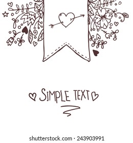 Hand drawn vector illustration. Romantic sketch with ribbons, hearts, flowers, arrows and wreaths. 