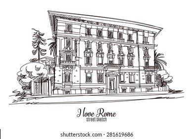 Hand drawn vector illustration. Rome. Street sketch. Vintage. 