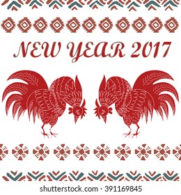 Hand drawn vector  illustration of  roosters with tribal elements. 2017 is the year of Red Fire Chicken on Chinese zodiac. Can use them for greeting card, calendar, poster, wall paper, wrapping.