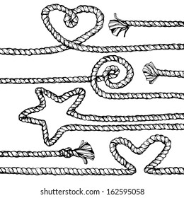 Hand drawn vector illustration of ropes in shape of hearts and stars. Sketch style 