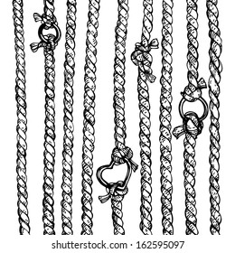 Hand drawn vector illustration of ropes with rings and hearts. Isolated. Sketch style 