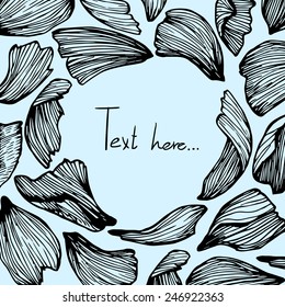 Hand drawn vector illustration - rose petals. Blue background