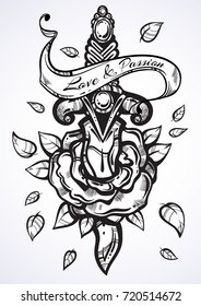 Dibujado a mano Ilustración vectorial de rosa con cuchillo. Obra de arte vintage bellamente detallada aislada. Oscuro romance. Diseño del tatuaje, cartel romántico, símbolo oculto para su uso.