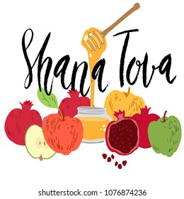 Hand drawn vector illustration for Rosh Hashana Jewish new year holiday. Apples, pomegranate and honey. Brush lettering phrase Shana Tova ( Happy new year in Hebew )