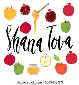 Hand drawn vector illustration for Rosh Hashana Jewish new year holiday. Apples, pomegranate and honey. Brush lettering phrase Shana Tova ( Happy new year in Hebew )