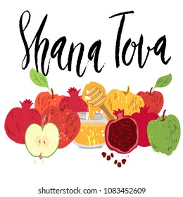 Hand drawn vector illustration for Rosh Hashana Jewish new year holiday. Apples, pomegranate and honey. Brush lettering phrase Shana Tova ( Happy new year in Hebew )