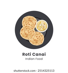 Hand drawn vector illustration of Roti Parata or Roti canai or Roti maryam with lamb curry sauce