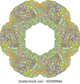 Hand drawn vector illustration, round background. Spring or summer ornament.
