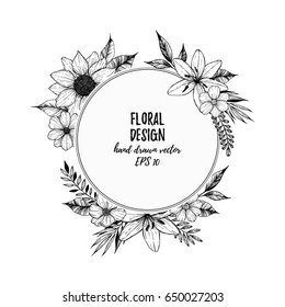 Hand drawn vector illustration - round card with black flowers and leaves. Design elements in sketch style. Perfect for invitations, prints, tattoo, posters etc.
