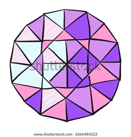 Hand drawn vector illustration of a round faceted crystal with geometric shapes in pastel purple, pink and blue. Concept of gemstone, prism reflection and abstract decorative design