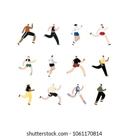 Hand drawn vector illustration of running and jogging people set.