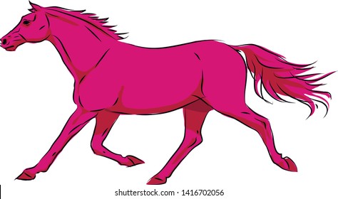 Hand drawn vector illustration of running horse in red-pink tones.