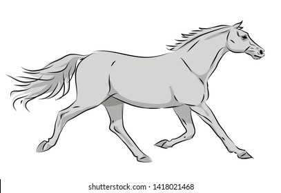 Hand drawn vector illustration of running horse in gray tones, isolated on white background.