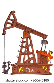 Hand drawn vector illustration - rusted pumpjack. Oil producing industry. Oil pump.