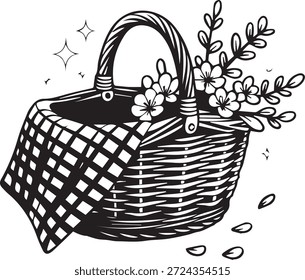 Ilustração vetorial desenhada à mão de cesta de tecido rústico contendo hastes florais sazonais, vintage equipamentos de jantar ao ar livre com pano xadrez, arte de linha detalhada para colorir ou branding elemento de design