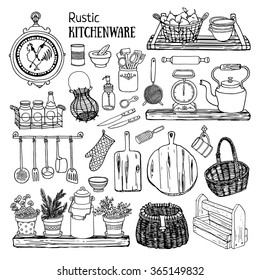 Hand drawn vector illustration rustic kitchen set. Black and white sketch of dishes isolated on white background