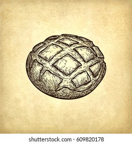 Hand drawn vector illustration of rustic bread on old paper background. Vintage style.