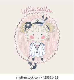 hand drawn vector illustration of  sailor girl/captain girl/can be used for kid's or baby's shirt design/fashion print design/fashion graphic/t-shirt/kids wear