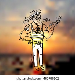 Hand drawn vector illustration sailor on the blurred sea background. Doodle style. Drawing by hand.